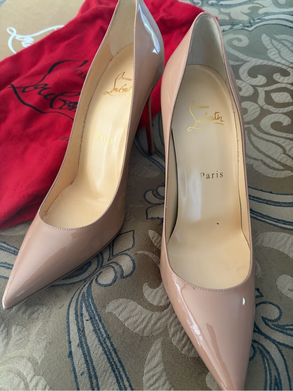 Christian Louboutin Nude Patent Pointed Toe Stilettos
